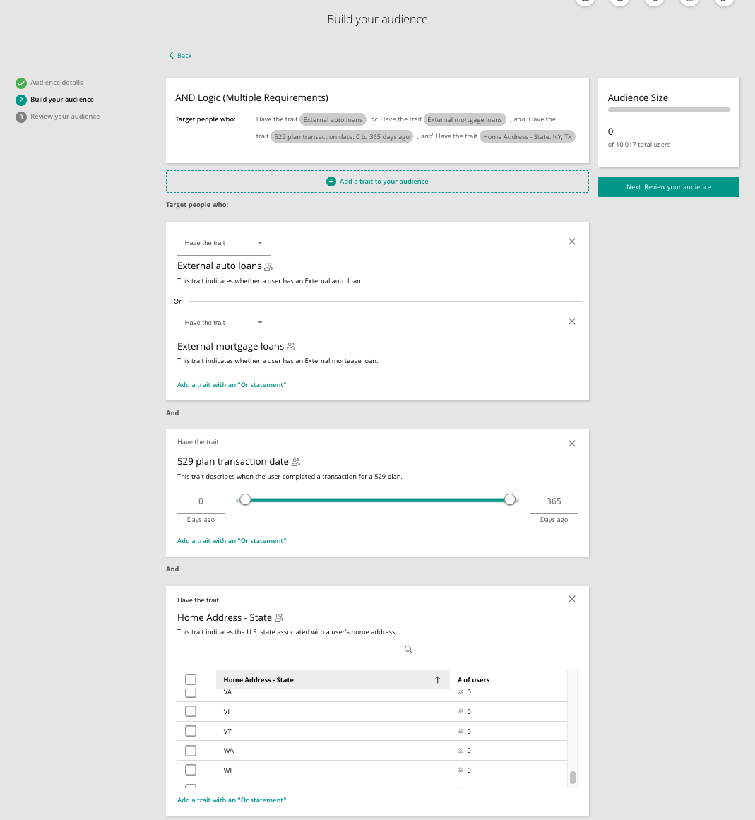 AND conditions in Audience Builder