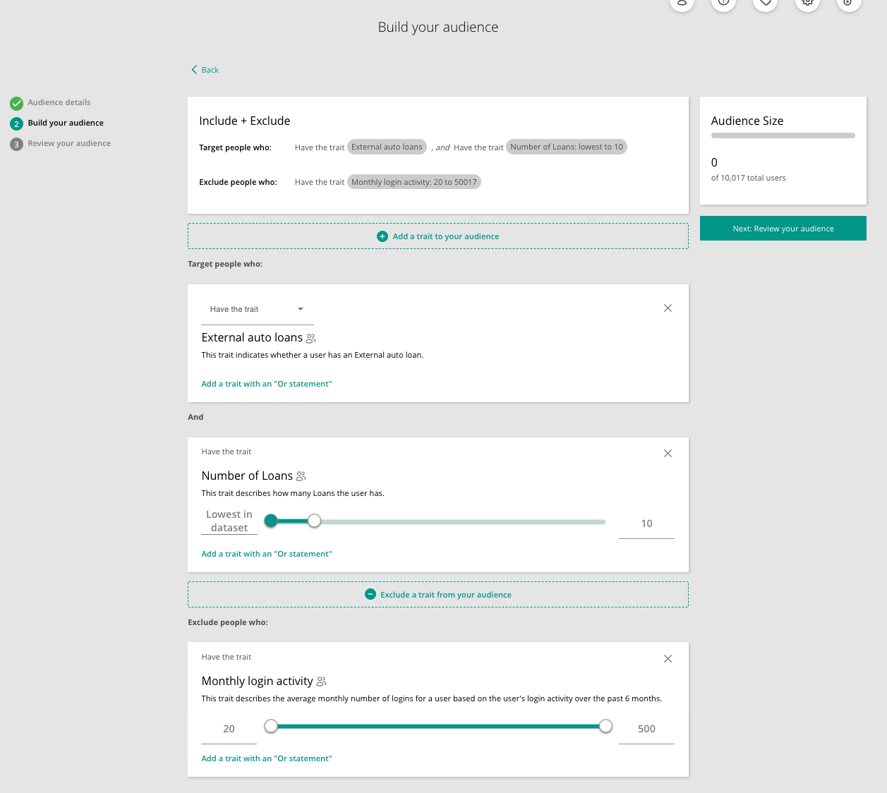 Include and exclude in Audience Builder